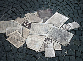 Memorial of the members and leaflets. Set in the ground in Munich, Germany. Image credit: Britannica