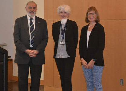 JCLS Dean Gerald Grunwald, PhD recognizing Professor Noreen Hickock, PhD (Orthopedic Surgery) and Professor Diane Merry, PhD (Biochemistry & Molecular Biology) with the Yun Yen, MD, PhD and Sophie Yen Faculty Award for Distinguished Training in Translational Research