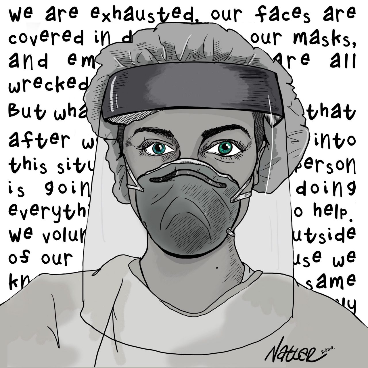 Cartoon drawn by Dr. Natter of a healthcare worker dressed in an N-95 mask and face shield